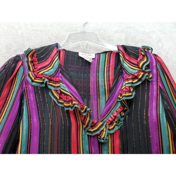 VTG John Yang Blouse Womens Size 6 Multi Striped Metallic Sheer Glam 70's Ruffle - Picture 4 of 7